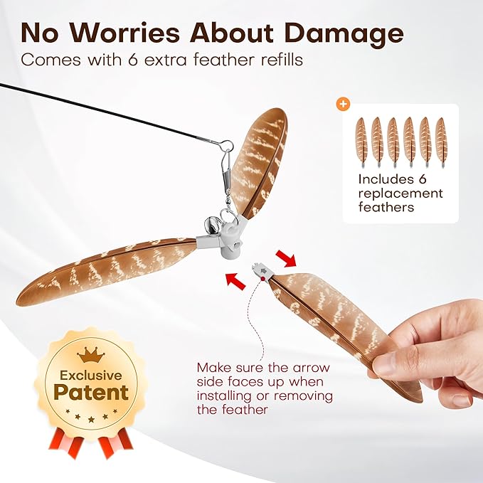 Potaroma Carbon Fiber Cat Wand Toy – Lightweight Retractable Interactive Feather Teaser Stick with 6 Detachable Feathers, Indoor Kitten Fishing Pole Toy with Bells, Durable Enrichment Fun