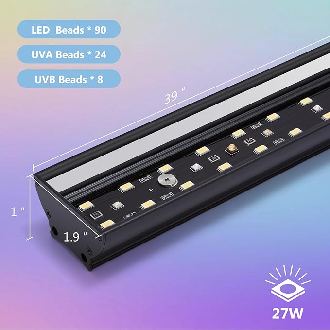 REPTITRIP 39-Inch LED UVB Reptile Light with Auto On/Off & Preset Day-Night Cycle Dimming, 4 UVI Modes Fixture Controller, 27W Aluminum UVA UVB Lamp for Bearded Dragons, Turtles & Snakes, 6500K