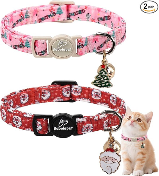 2 Pack Christmas Cat Collars - Breakaway Cat Collar with Bell, Christmas Tree and Santa Pendant, Winter Adjustable Kitten Collars for Girl Boy Cats, Pink&Red