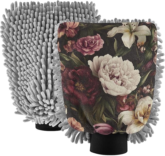 Car Wash Mitt Microfiber Wash Mitts for Car Washing Scratch-Free Cleaning Gloves Soft Non Absorbent Chenille Auto Hand Mitt Medium 2Pack Peony Rose Flowers Pink