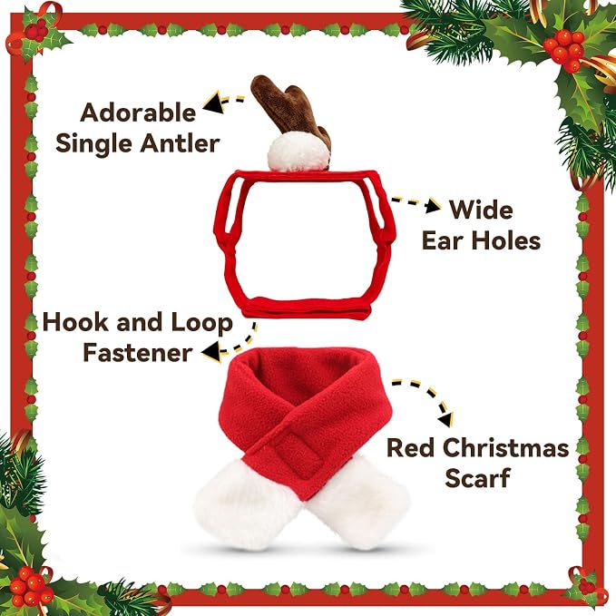 NAMSAN Cat Christmas Reindeer Costume, Small Dog Max Antler with Santa Scarf, Xmas Small Pet Single Reindeer Headband Scarf Outfit, Adjustable Cat Elk Antler and Red Scarves for New Year Cosplay