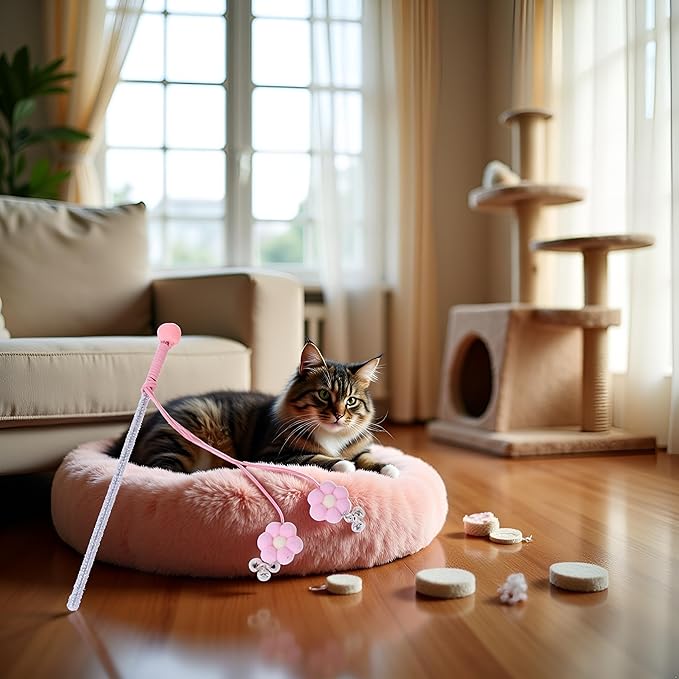 Cat Feather Stick Wand Toy,Cat Toys Teaser Wand with Feather Refills with Bell for Indoor Cats, Cat Toy Wand for Indoor and Kitten(Pink)