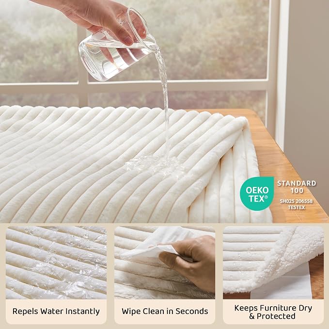 Qeils Waterproof Calming Dog Blanket for Large Dogs, Noiseless Soft Plush Pet Blanket for Bed, 500GSM Thick Faux Fur Pet Throw, Cozy Couch Furniture Protection Washable, Cream, 60x80IN