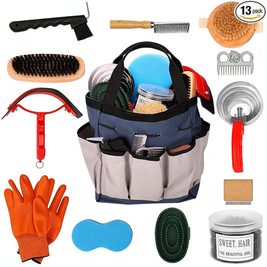 Horse Grooming Kit 13 Piece, Complete Horse Brushes & Grooming Supplies Set with Organizer Bag, Curry Comb, Hoof Brush, Bath Brushes & Accessories for Horse Care
