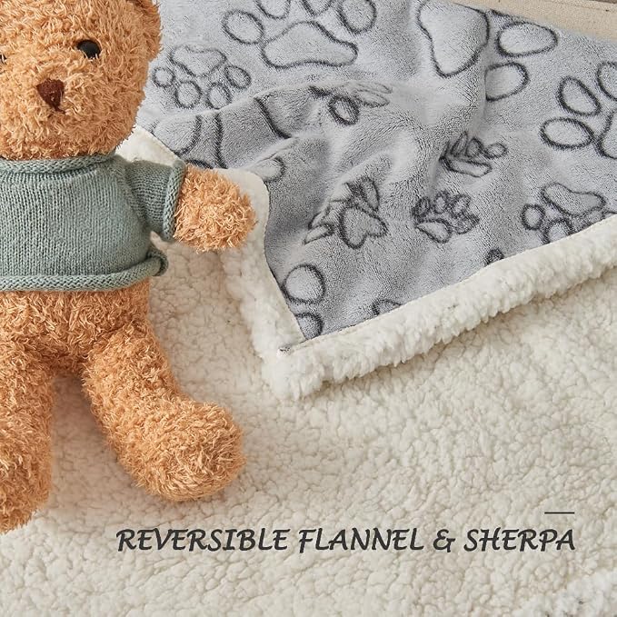 Qeils Pet Blankets for Couches, Waterproof Dog Blankets for Large Dogs, Sherpa Fleece Puppy Blanket, Soft Plush Reversible Dog Blanket, Couch Cover for Dogs Washable, 30"X70", Grey Paw Print