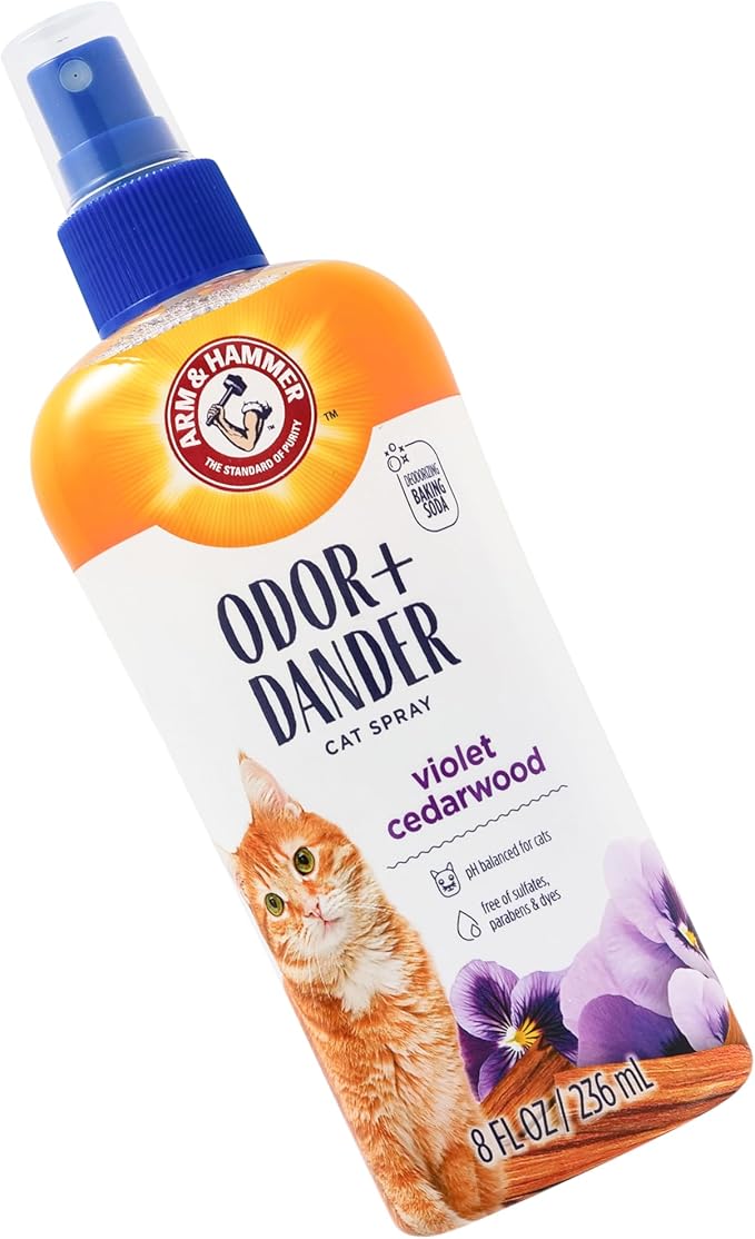 Arm & Hammer Cat Odor Control and Dander Reducing Spray with Baking Soda, Freshens and Deodorizes Cat Coat Between Baths, Paraben Free, Violet Cedarwood Scent, 8 Fl Oz