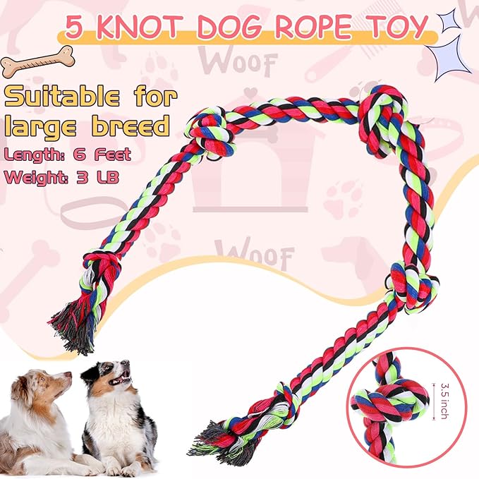 Hollowfly Dog Rope Toys for Extra Large Dogs, 2 Pack 6 Feet 5 Knot Tug of War Dog Toy for Large Aggressive Chewers Heavy Duty Cotton Teeth Cleaning Indestructible Puppy Chew Toys