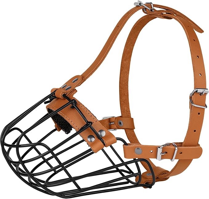 Pitbull Dog Muzzle Breathable Metal Basket for Large Dogs Amstaff Staffordshire Terrier Secure Wire Mask Adjustable Durable Leather Straps Biting Chewing Barking (Brown)