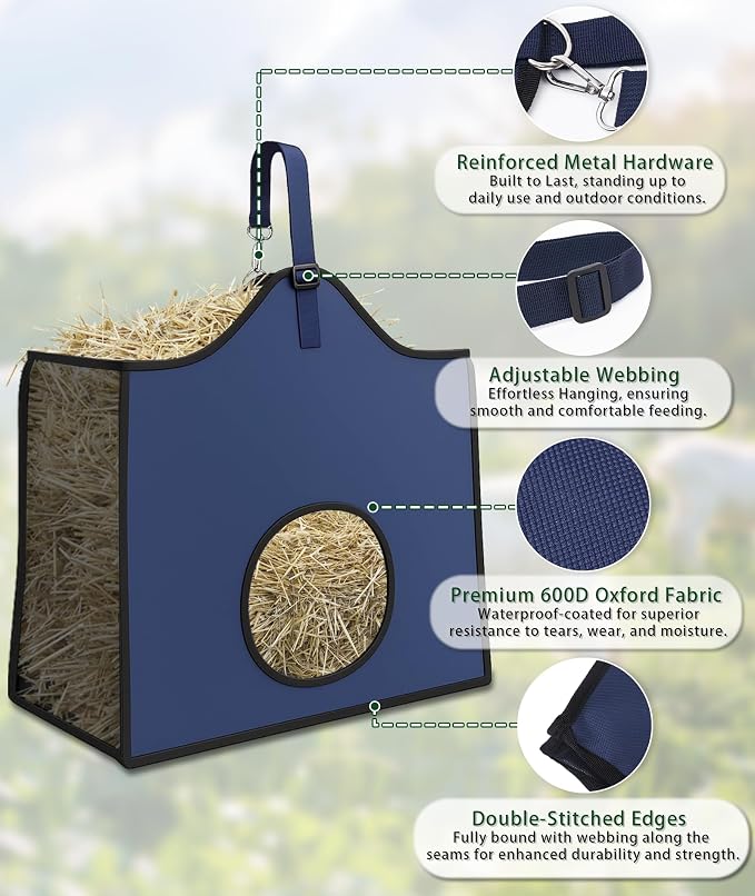 Hay Feeder for Goats and Horses - Slow Feed Design, Heavy Duty Hanging Hay Bag for Barn, Trailer & Paddock, Easy to Hang & Clean(3pcs, Navy Blue)