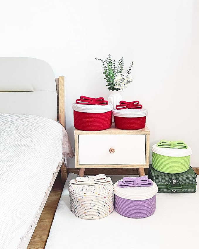 Small Storage Baskets with Lids, Round Woven Rope Basket with Lid, Cute Storage Box for Small Toy, Gift or Home Decor, Decorative Basket with Rainbow Pom-pom & Cute Bow Handle (rainbow)