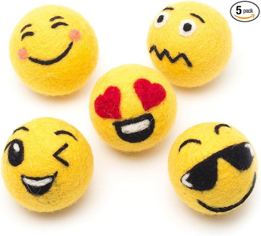 Glaciart One Wool Emoji Ball Cat Toy – 5 Pcs with Catnip - Soft Fuzzy Enrichment 100% Natural Felt Cat Toy - Interactive Play Set - Safe for Pets, Non-AZO Colored Dyes – 1.5”