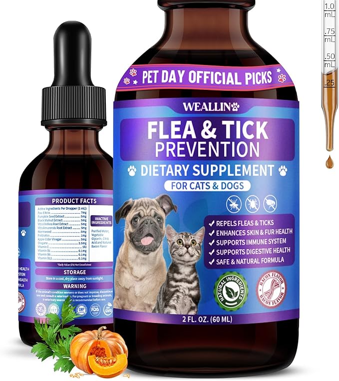 WEALLIN Flea and Tick Prevention Support for Cats and Dogs Natural Flea Treatment Drops with Multivitamin for Pets Oral Natural Supplement Flea and Tick Treatment Drops for All Breeds and Ages