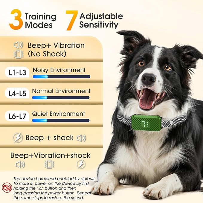 Dog Bark Collar for Large Medium Small Dogs, Effective No-Bark Collar, Smart Barking Collar, Rechargeable Bark Collar with 7 Sensitivity, 3 Modes, Waterproof, Grass Green