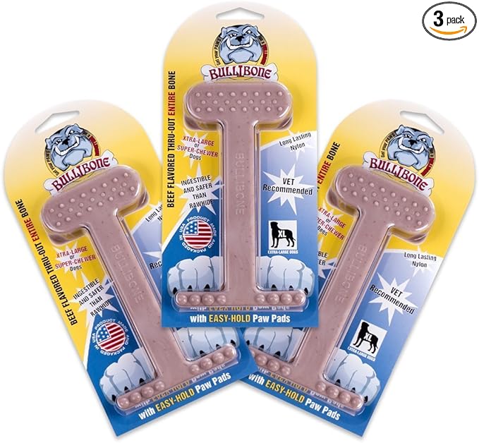 Bullibone Nylon Dog Chew Toy for Aggressive Chewers - Dental Hygiene Bone with Beef Flavor, Durable Tough Chew Toys for Extra Large Dogs, Indestructible Dog Bone - 3 Pack