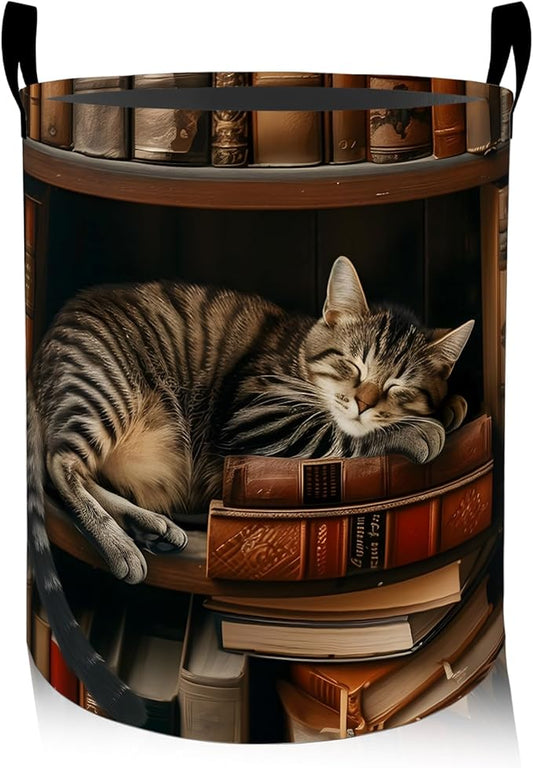 Cat Laundry Basket, Oxford Cloth Vintage Elegant Dirty Clothes Collapsible Hamper for Room Decor, Bookshelf Library and Kitten Print Gifts Toy Organizer 19.7*15.8 Inch for Bedroom Bathroom Dorm