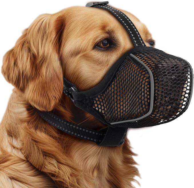 Dog Muzzle,Mesh Soft Muzzle for Small Medium Large Sized Dogs, Breathable Reflective Adjustable Puppy Muzzles with Collar for Scavenging Grooming Biting Chewing,Allows Panting and Drinking(Black S)