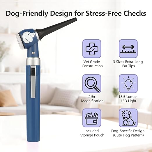 Pocket Veterinary LED Otoscope - Pet Ear Scope with Light for Dogs & Cats, 6 Disposable Tips (4/6/9mm), Portable Ear Infection Detector (Blue)