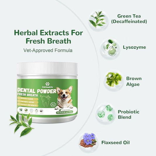 Dog Dental Powder, Dog Teeth Cleaning Powder for Fresh Breath Tartar Remove & Plaque Off, Dental Powder for Dogs Teeth with Natural Plant Blend and Probiotics, 150g