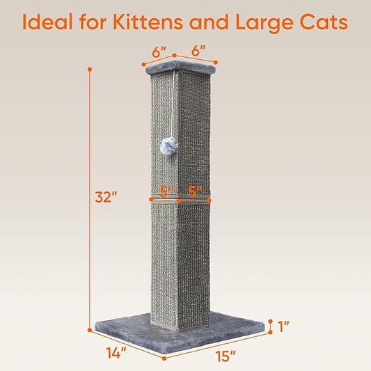 Cat Scratching Post 32 Inch for Indoor Large Cats and Kitten, Nature Sisal Tall Cat Scratch Post, Sisal Cat Scratcher Improve Cat's Scratching Habits and Protect Your Furniture, Dark Grey