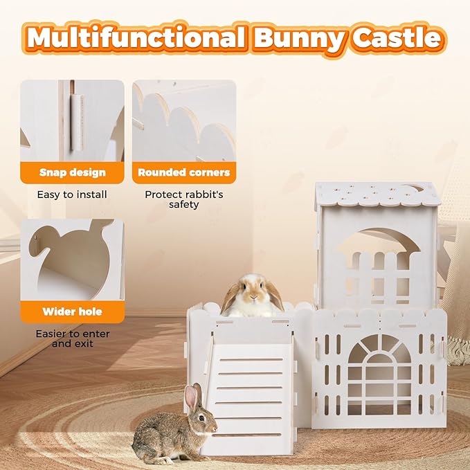 Large Rabbit House with 2PCS Rabbit Scratch Mat, Wooden Bunny Castle with 3 Houses Indoor, Guinea Pig Cage Multistory Climbing Tower Sturdy Wooden Castle, Small Animal Hideaway Tunnel