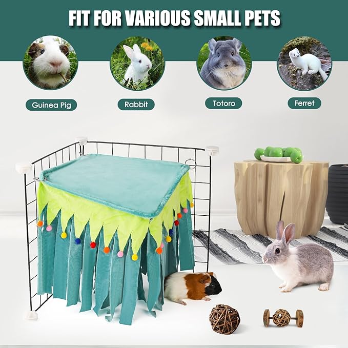 Guinea Pig Hideout - Guinea Pig Corner Hideout, Four-Sided Fringes, Square Top and Washable Hides, Ideal Hides for Small Pets, No Metal Fences, Green