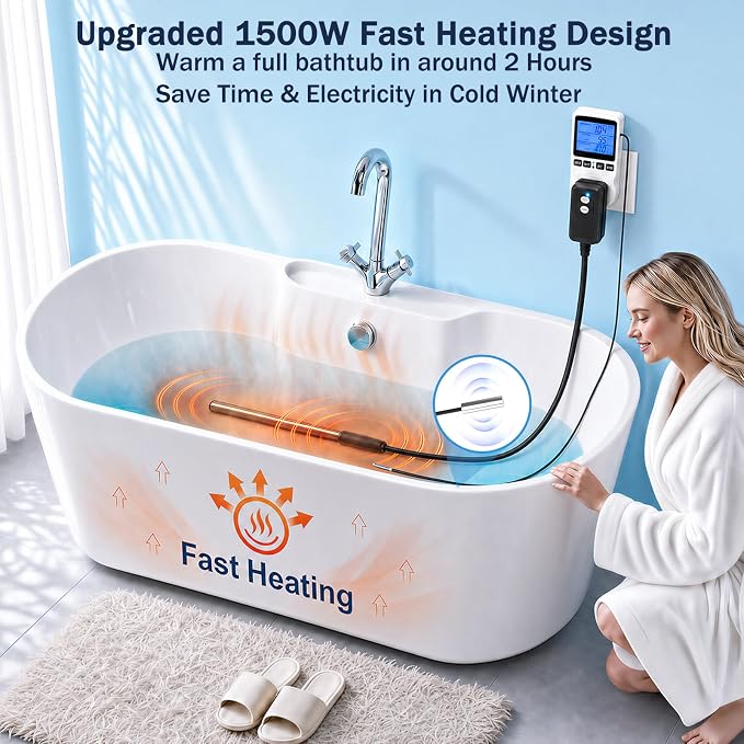 1500W Immersion Water Heater for Pool, Electric Fully Submersible Water Heater with Thermostat & GFCI, For Sink, Bathtub, Baptismal, Small Swimming Inflatable Pool, Hot Tub, Bucket Camping(white)