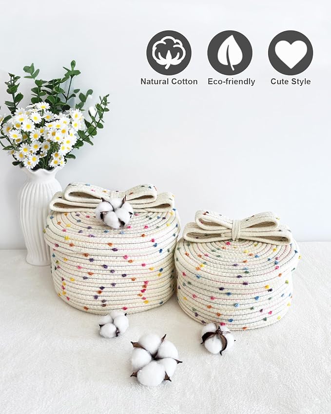Small Storage Baskets with Lids, Round Woven Rope Basket with Lid, Cute Storage Box for Small Toy, Gift or Home Decor, Decorative Basket with Rainbow Pom-pom & Cute Bow Handle (rainbow)