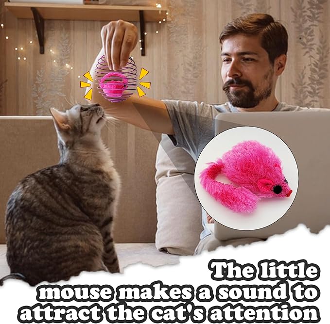 Andiker 6Pcs Cat Spring Toys, 3.9'' Colorful Cat Spring Balls with Mice Interactive Cat Toys Stretchable Metal Cage Balls Spring Cat Toy for Cats Swatting, Hunting Kitten Toys