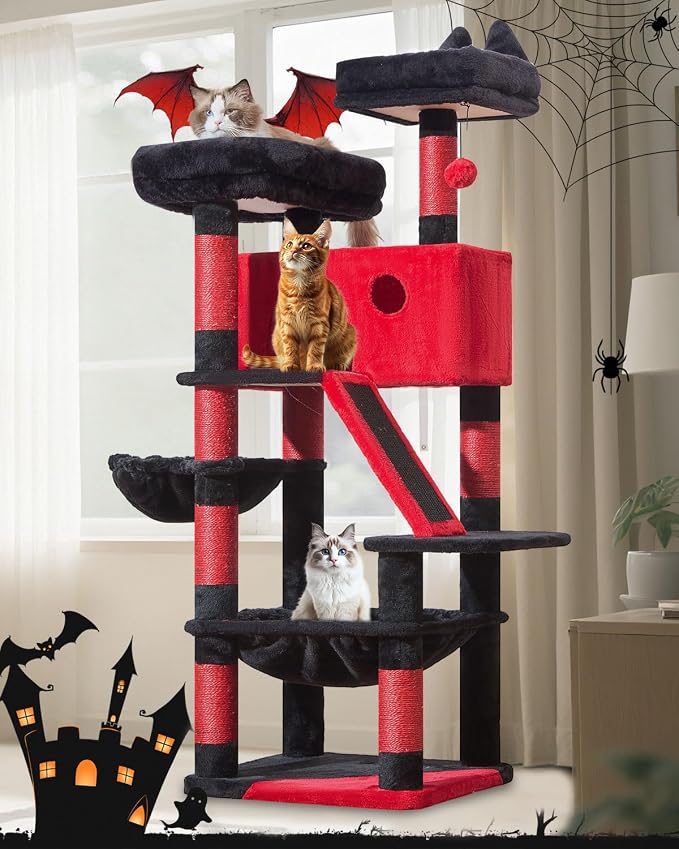 Taoqimiao Gothic Cat Tree 57.5-Inch, Cat Tower for Indoor Cats Large Adult, Extra Large Cat Condo, 8 Sisal Scratching Posts, Metal Frame Cozy Hammock, Durable Scratch Board, 2 Top Perches, MS026BR
