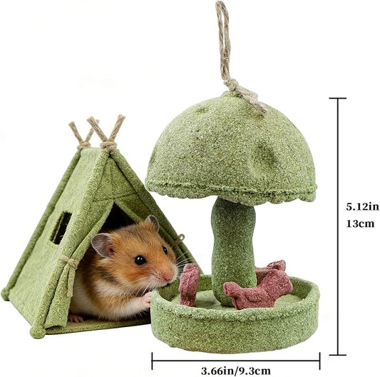 Hamster Chew Toys, Carousel Shape Natural Chew Toy with Hanging Rope, Bunny Toys for Rabbits Indoor, Toy for Rat, Hamster, Guinea Pig and Other Small Animals