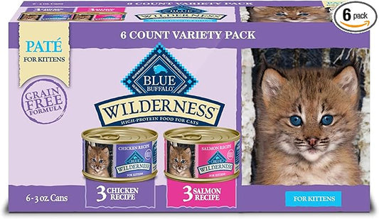 Blue Buffalo Wilderness Kitten Food, High-Protein & Grain-Free Wet Cat Food Paté Variety Pack, Chicken & Salmon Recipes, 3-oz Cans (6 Count, 3 of Each)