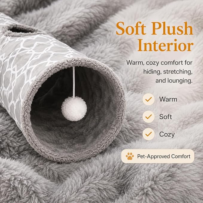 Geometric 3 Way Cat Tunnel with Plush Inside,Cats Toys Collapsible Tunnel Tube with Balls, for Rabbits, Kittens, Ferrets,Puppy and Dogs