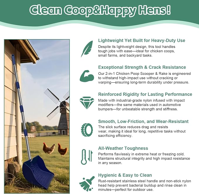 12" 2-in-1 Chicken Poop Scooper & Rake, 3-Shape Sifting Holes Chicken Coop Rake, Stainless Steel Handle (20–61") - Litter Scooper & Sand Sifting Shovel (U.S. Patent No. D1124534) - Blue