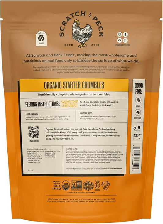 Scratch and Peck Feeds Whole Grain Starter Crumbles Chicken and Duck Feed - 10 lbs Bag - Corn-Free and Soy-Free - 20.5% Protein, Certified Organic and Non-GMO Project Verified Chicken Food
