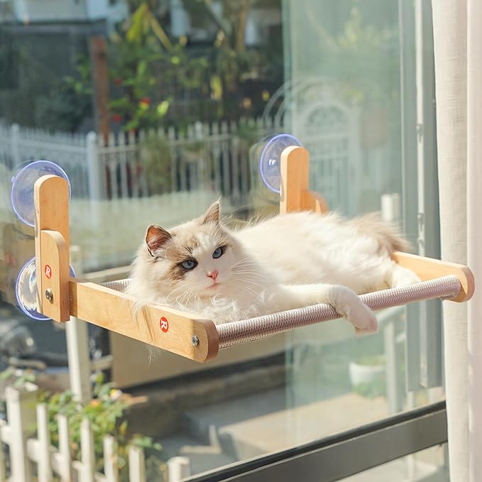 Cat Window Perch with Wooden Frame – Aloxina Foldable Cat Hammock Bed for Indoor Cats, Breathable Sandwich Mesh Cover, Strong Suction Cups, No Drilling, Supports Large Cats