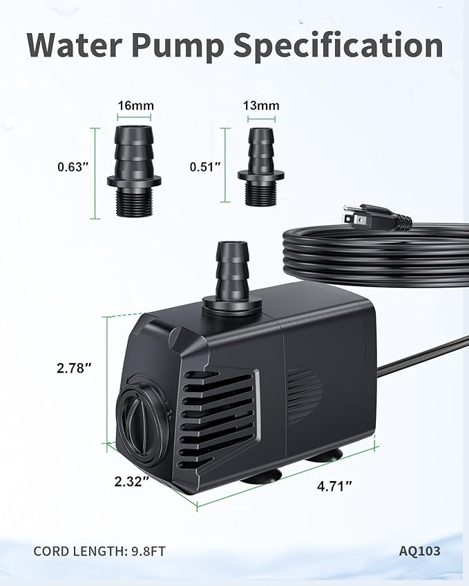 POPOSOAP 400GPH Submersible Pump(1500L/H, 24W), Ultra Quiet Fountain Pump with Over Heating Protection & Filter Sponge 6.6ft High Lift for Pond, Fish Tank, Aquarium, Hydroponics, Waterfall Q103