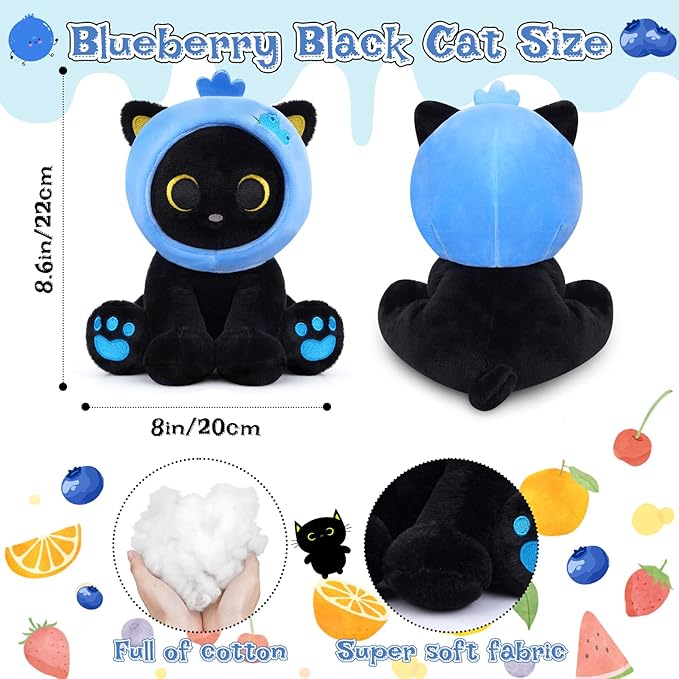Black Cat Plush,8inch Blueberry Cat Stuffed Animals for Kids Cartoon Cats Plush, Cute Kitten Stuffy Gift for Kids Girl Boys Toddler Birthday