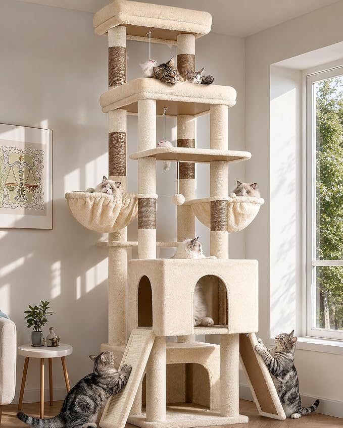 Globlazer Heavy Duty Cat Tree 78 inch Sturdy Cat Tower for 20lbs Large Adult Cats, Symmetrical Aesthetic Big Cat Tree with Extra Large Platform, 2 Scratching Boards, Z78, Beige