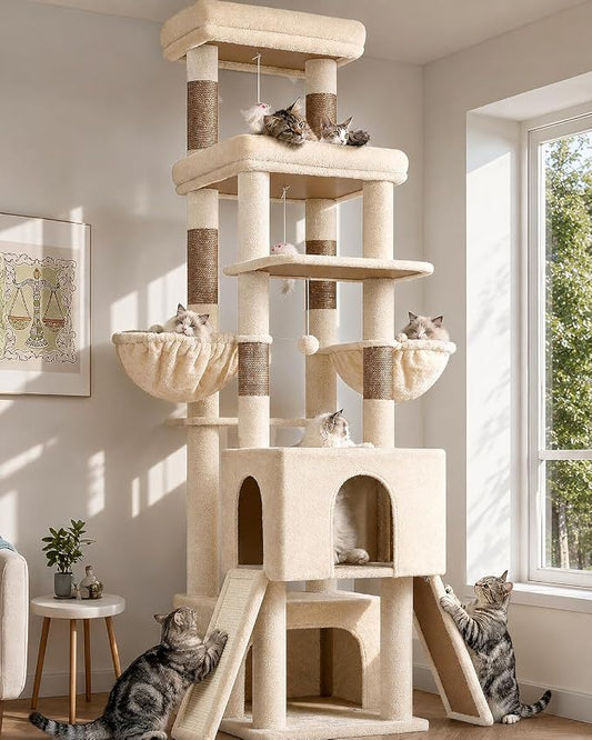 Globlazer Heavy Duty Cat Tree 78 inch Sturdy Cat Tower for 20lbs Large Adult Cats, Symmetrical Aesthetic Big Cat Tree with Extra Large Platform, 2 Scratching Boards, Z78, Beige