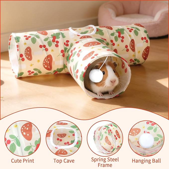 Rypet 3-Way Guinea Pig Tunnel, Collapsible Small Animal Enrichment Toy with Ball, Foldable Rabbit & Hamster Tunnel for Boredom Relief, Washable, Indoor/Outdoor Play
