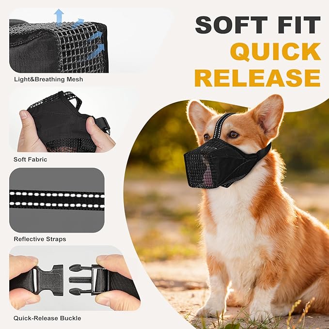 Mesh Dog Muzzle, Breathable Soft Dog Muzzle with Reflective Straps for Secure Fit, Prevents Biting, Chewing Scavenging – Adjustable for Small Medium Large Dogs,Black,L