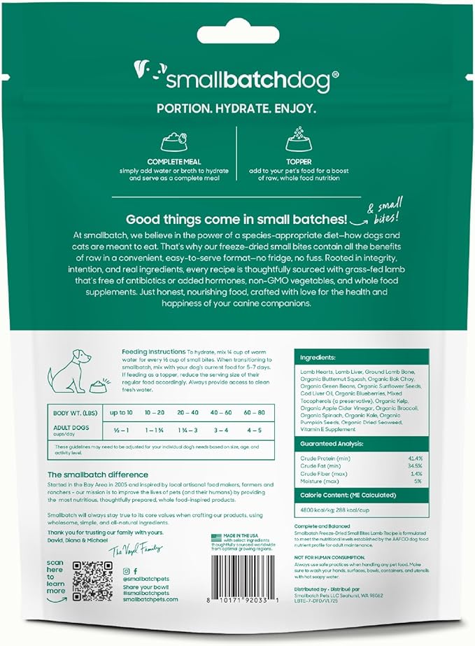 smallbatch Pets Freeze-Dried Raw Dog Food – Lamb Recipe – 7oz Small Bites – High Protein, Grain Free – Complete Meal or Topper – Made in USA with Organic Superfoods 7 Oz, Lamb