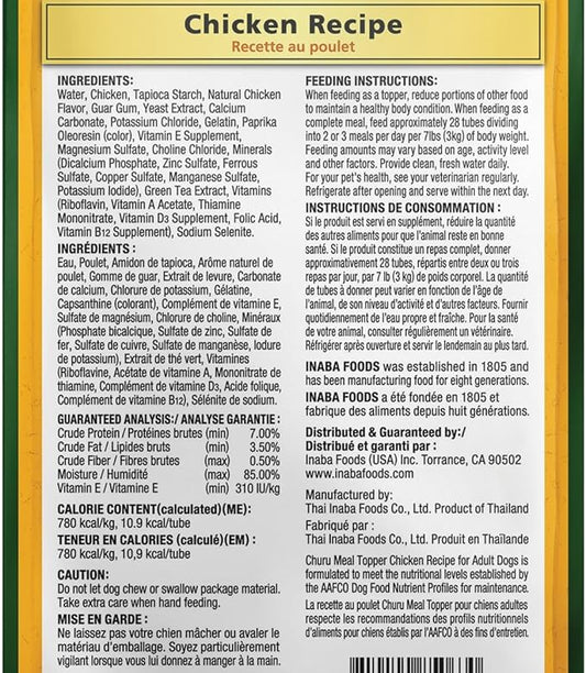 INABA Churu Meal Topper for Dogs, Complete & Balanced, Creamy, Lickable Purée Dog Food Topper, 0.5 Ounce Tube, 12 Tubes (4 per Pack) Chicken Recipe