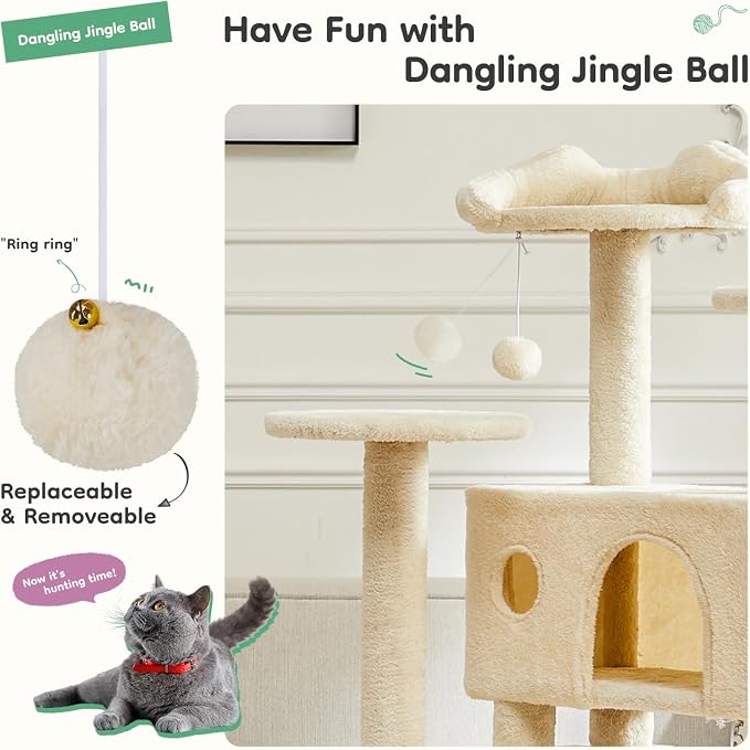 DUMOS 54 Inch Indoor Cat Tree Tower with Scratching Posts, Multi-Level Pet House for Large Cats with 2 Condos, Round Platform, Small Ladder, and Toys – Perfect for Cats of All Ages, Beige