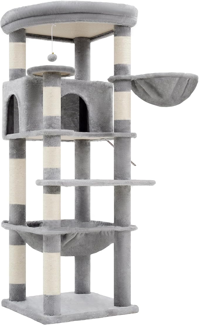 Heybly Cat Tree, 53.1-Inch Corner Stable Cat Tower for Large Indoor Cats, Well-Structured Interactive Cat Condo with Fan-Shaped Top Perch, Cozy Condo, Sturdy Base, Basket & Hammock,Light Gray HCT029W
