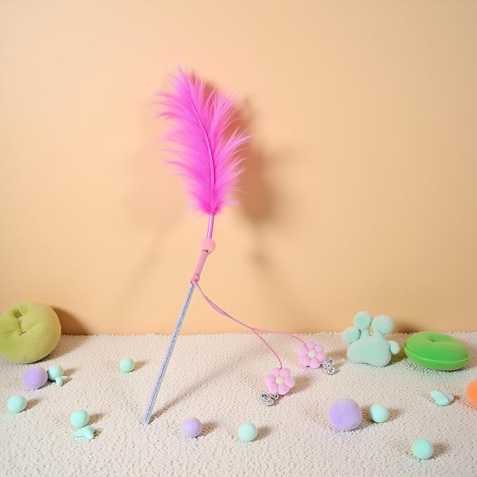 Cat Feather Stick Wand Toy,Cat Toys Teaser Wand with Feather Refills with Bell for Indoor Cats, Cat Toy Wand for Indoor and Kitten(Pink)