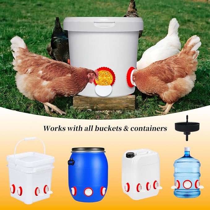 27-Pack Chicken Feeder Ports Kit - Spill-Resistant Design Feed Saver with Custom Hole Saw Tool - Durable DIY Gravity Poultry Accessories