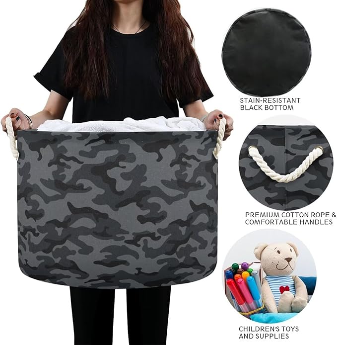 Black Gray Camo Print Round Storage Basket Military Camouflage Large Laundry Hamper 20 x 20 x 14 Inches Organizer Bin with Handles Clothes Storage Bag for Nursery Bedroom Living Room Decor