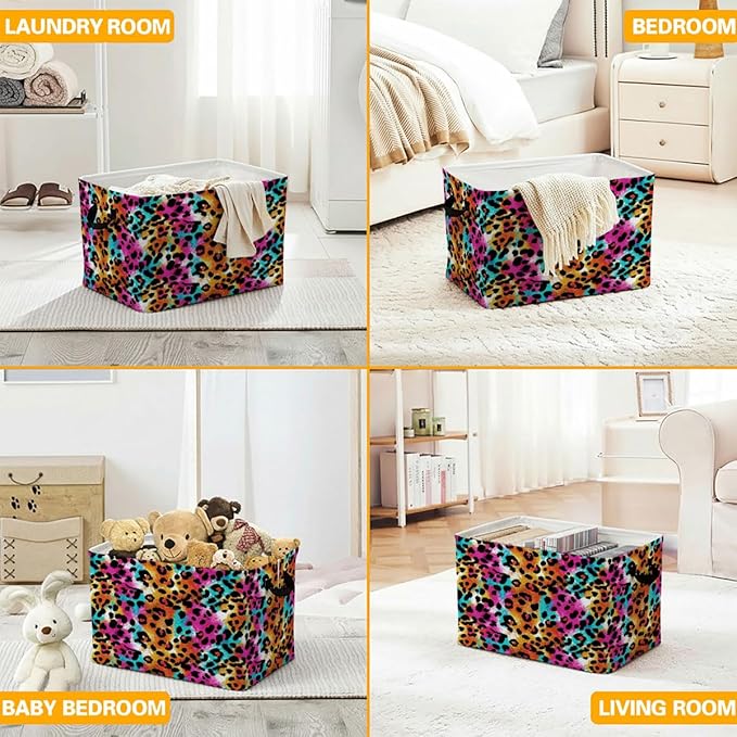 56L Leopard Print Laundry Basket Clothes Hamper with Handles,Foldable Blanket Storage Large Laundry Hamper with Waterproof PE,Toy Storage Bin Organizer,Cube Clothes Organizer,Home Decor