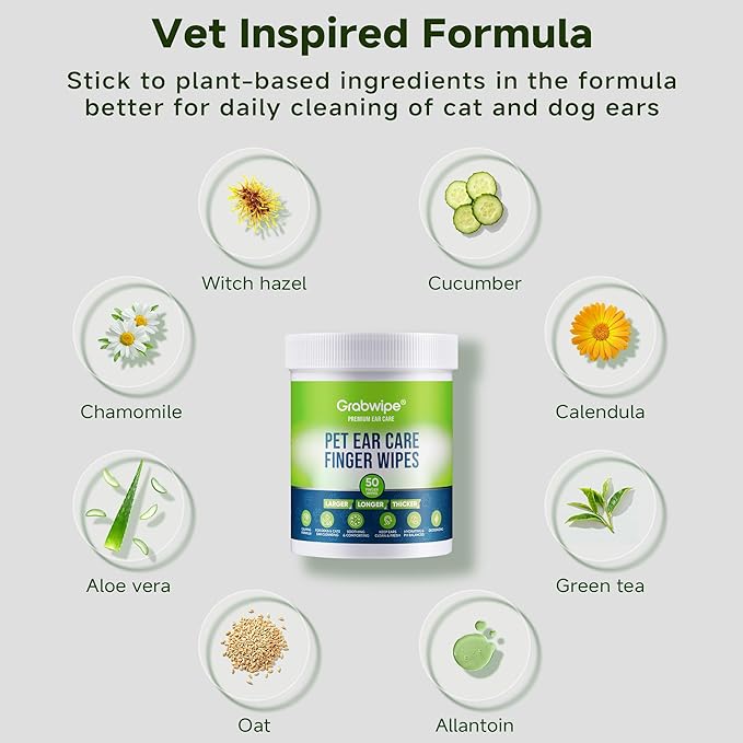 Dog Ear Wipes – Finger Design Ear Cleaner for Dogs & Cats, Made with 8 Botanical Extracts, No Rinse, Gentle Easy Cleaning & Deodorizing, Calm Irritation, Fragrance Free, Large Easy Fit,50 Ct